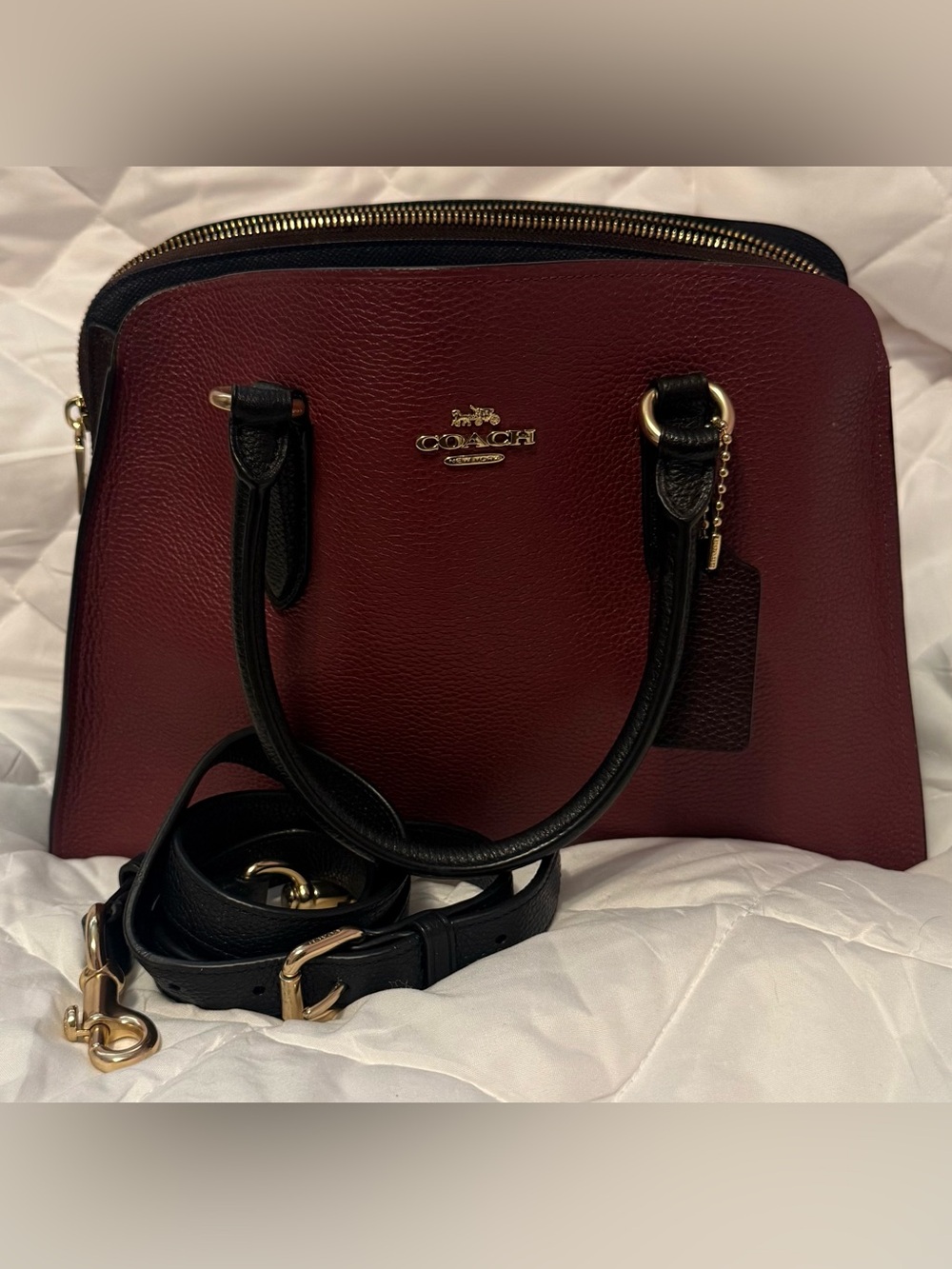 Coach Two-Tone Burgundy and Black Leather Satchel with Gold Hardware